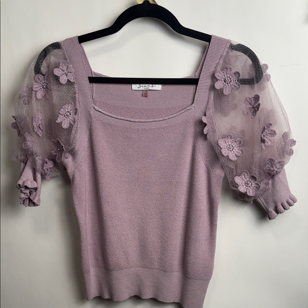 Sioni Lilac Sweater with Floral Puff Sleeves